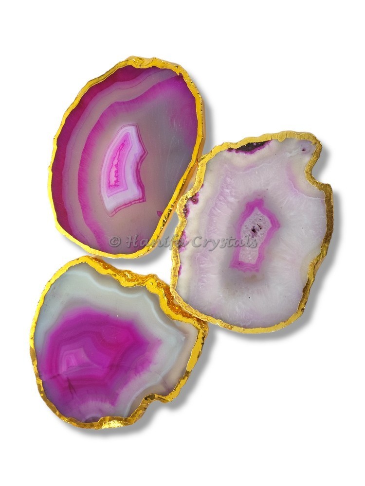 Pink Agate Slices Gold Electroplated Coaster