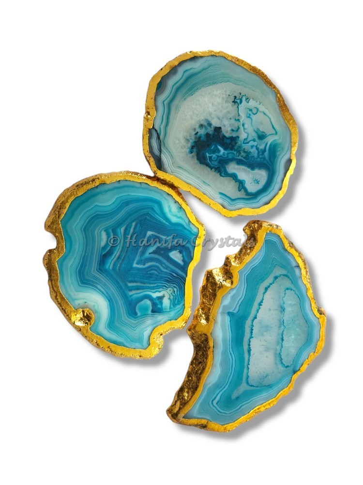 Blue Onyx Agate Slices Gold Electroplated Coaster