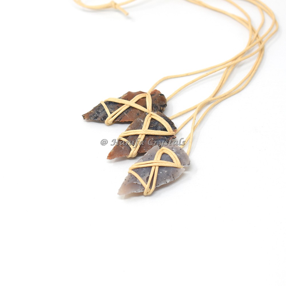 Agate Stones Hand Made Arrowheads With Leather Code Necklace