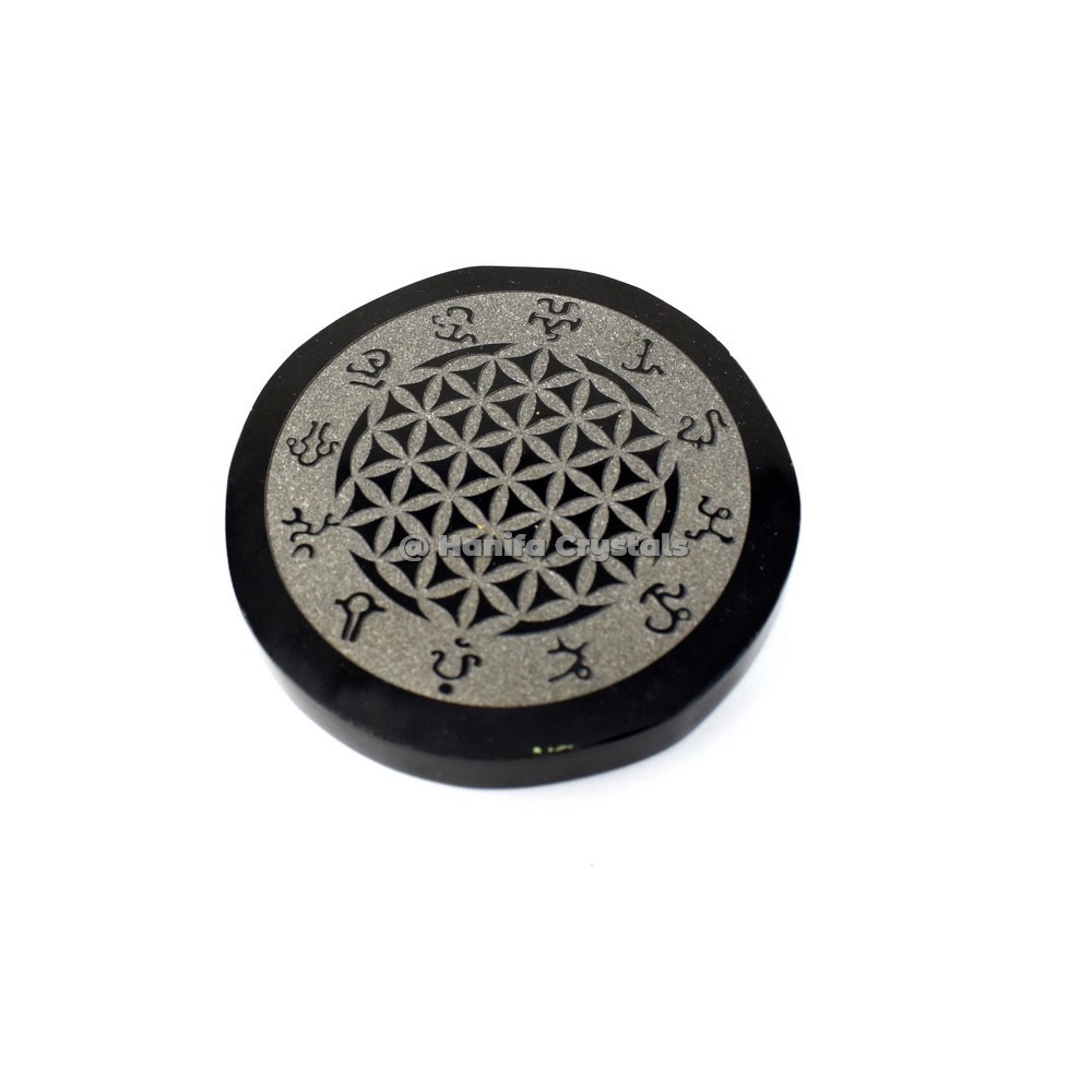 Wiccan Symbol with Flower of Life Engraved Black Agate Coaster