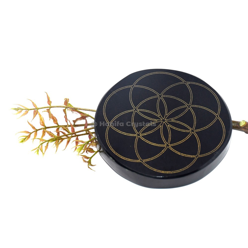 Seed Of Life Engraved On Black Agate Coaster
