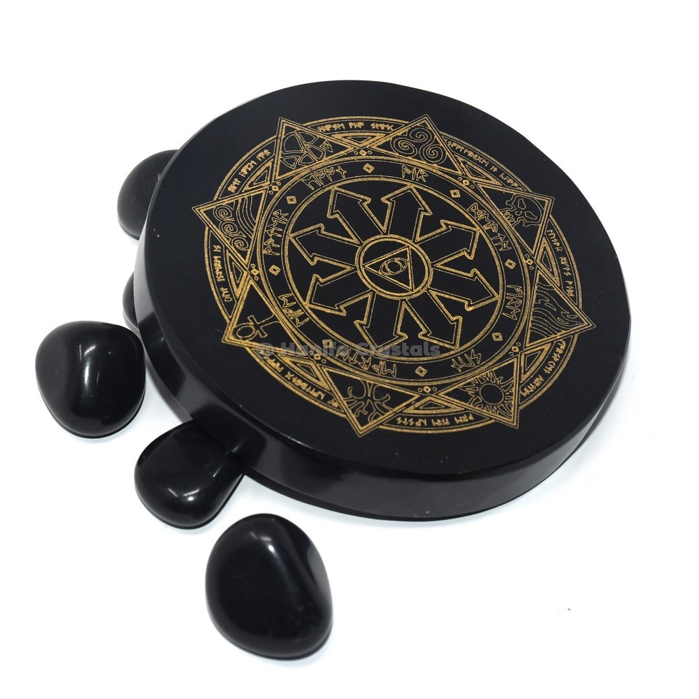 Runic With Accent Symbol Engraved Black Agate Coaster