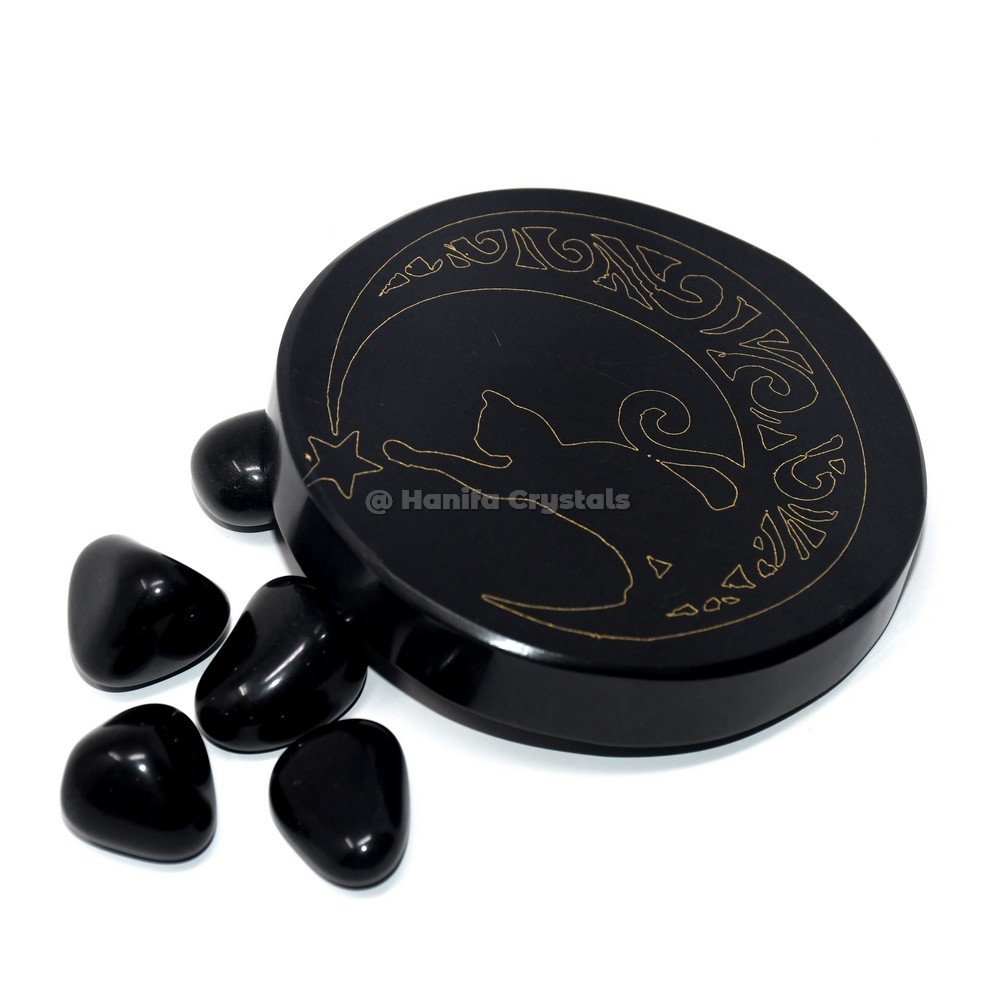 Cat With Star Engraved Black Agate Coaster