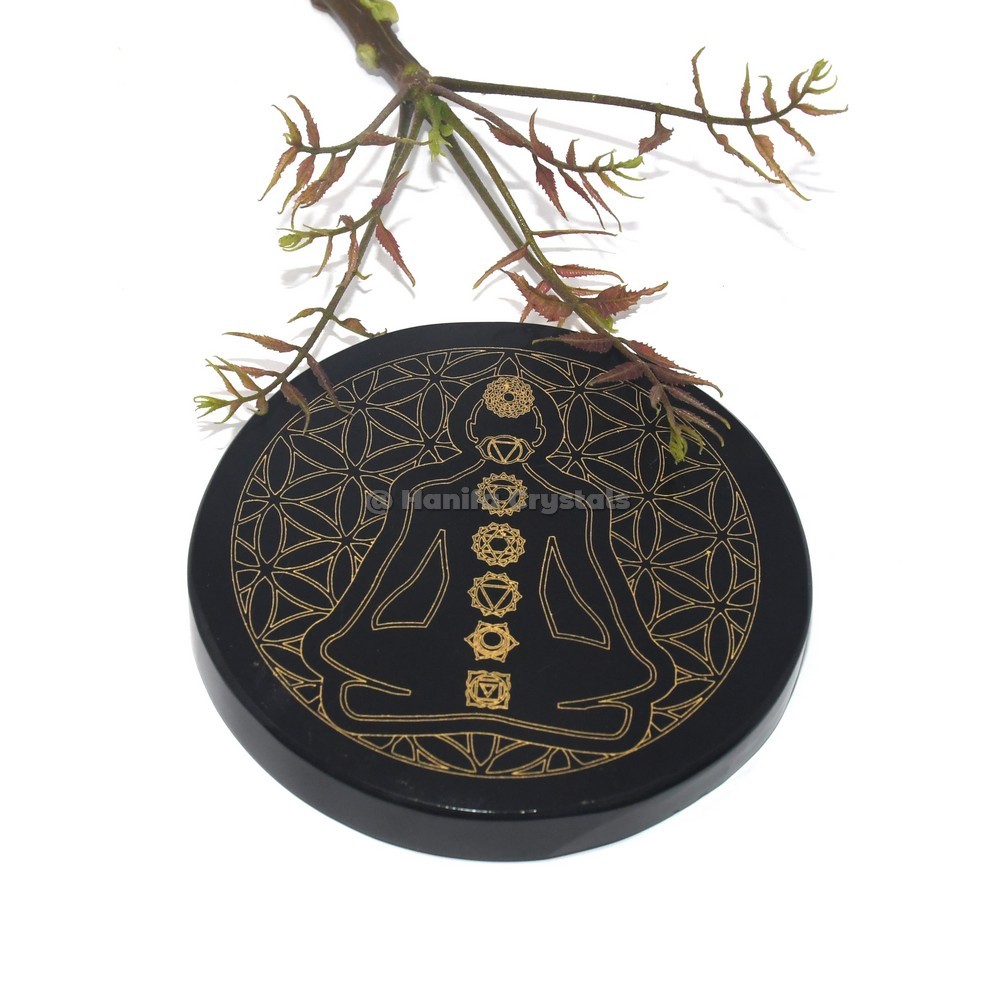 7 Chakra With Buddha Engraved Black Agate Coaster