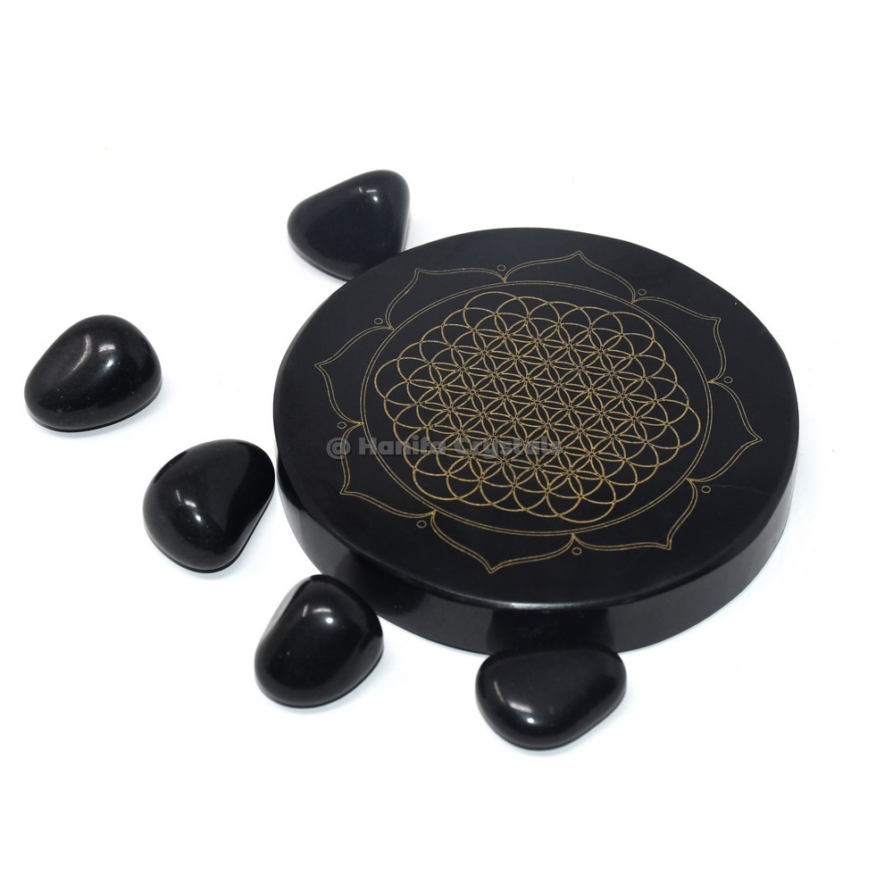 Flower of Life with Star Engraved Black Agate Coaster