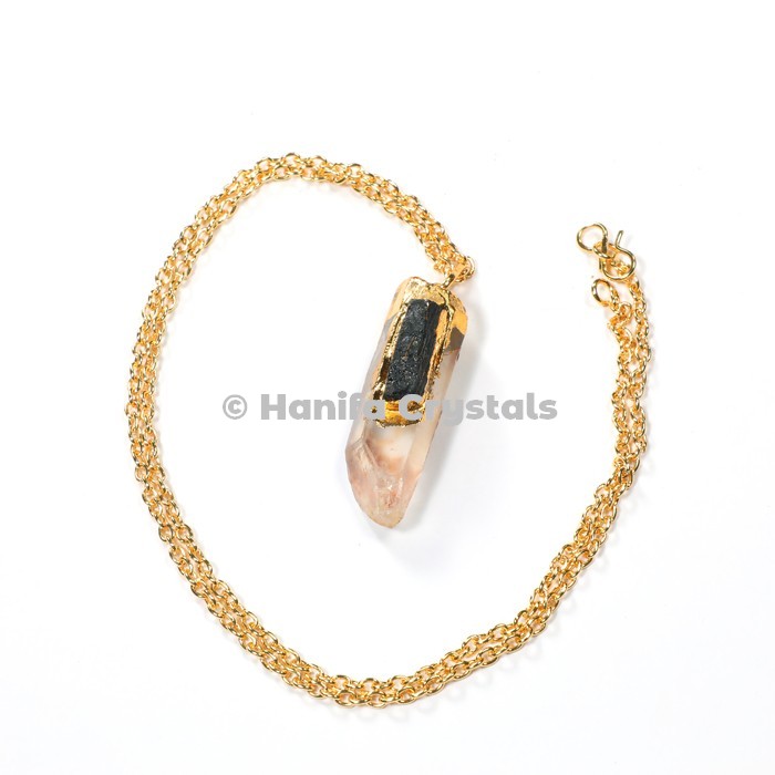 Rose Quartz with Black Tourmaline Gold Electroplated Pendant