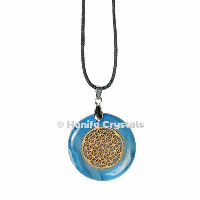Engraved Blue Lace Agate Flower of Life Pendant