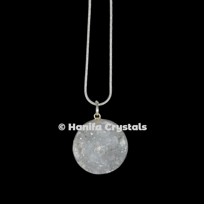 Round Shape Druzy with Silver Chain Pendant