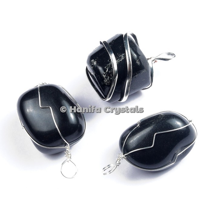 Black Obsidian Tumbled Pendants with Wire Wrap
