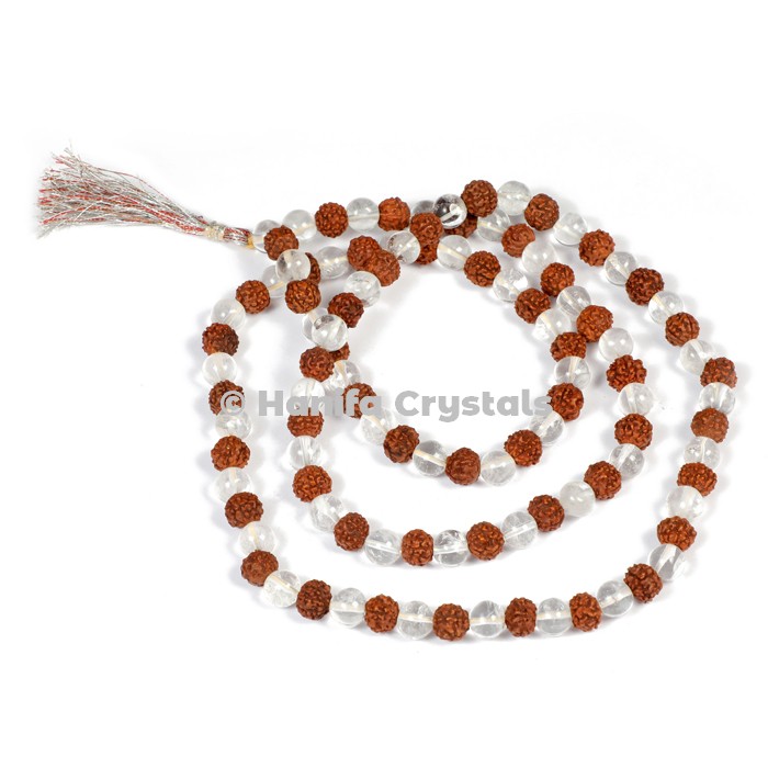 Crystal Quartz With Rudraksha Japa Mala Beads