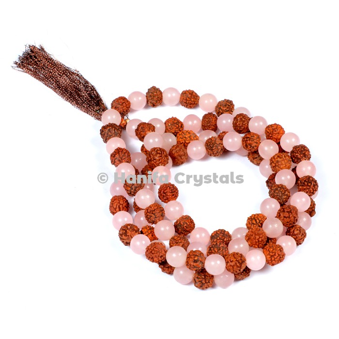 Rudraksha  with Rose Quartz Japa Mala Beads