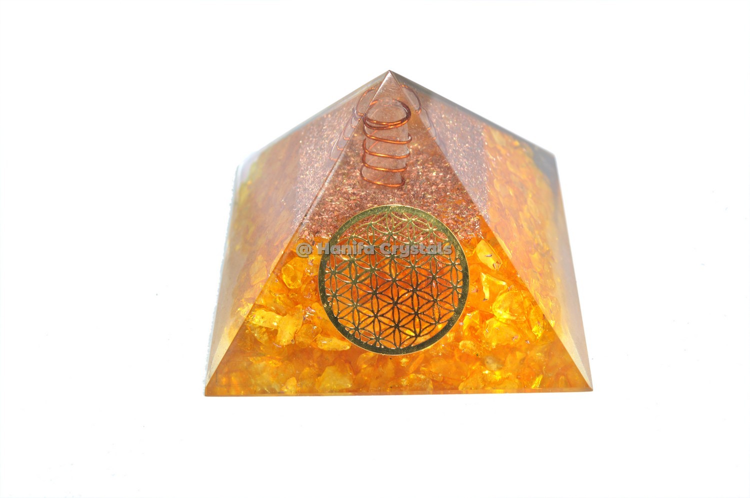 Crystal Quartz Yellow With Flower of Life Orgonite Crystal Pyramids