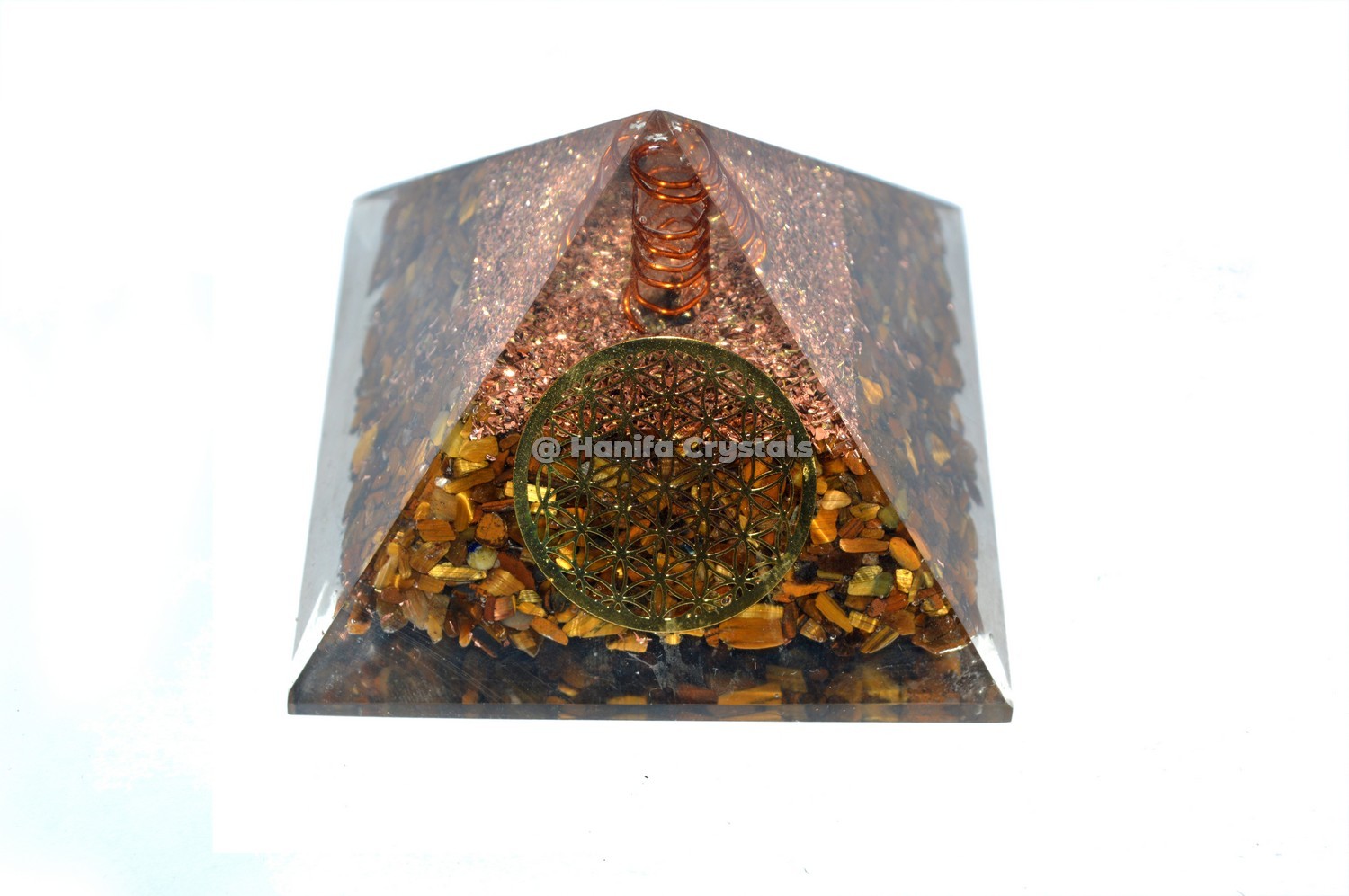 Tiger Eye With Flower Of Life Orgonite Crystal Pyramids