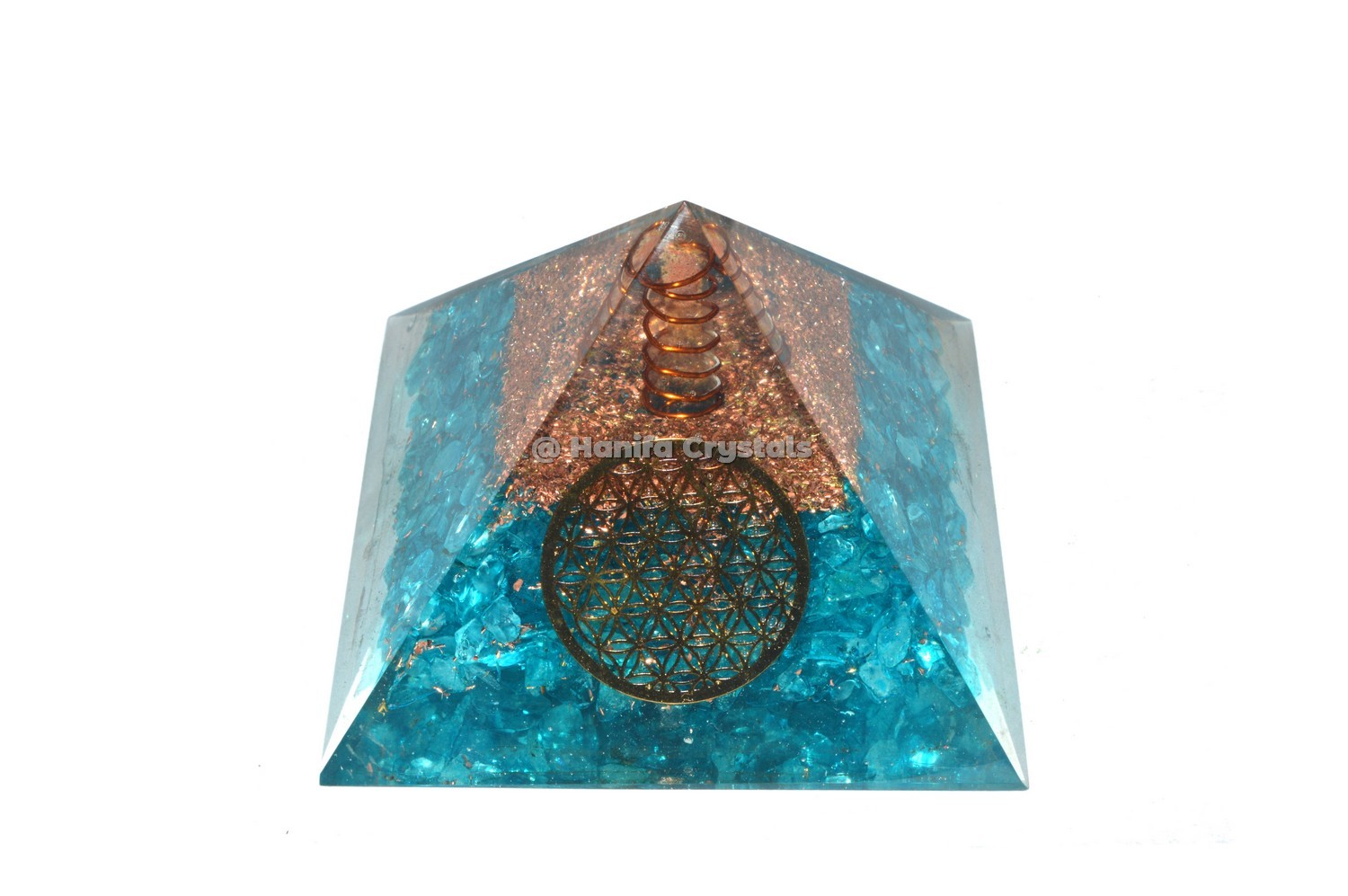 Flower Of Life With Aquamarine Crystals Orgonite Pyramid