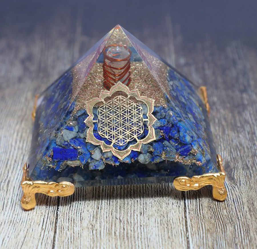 Lapis Lazuli With Flower Of Life Stand Orgonite Pyramid