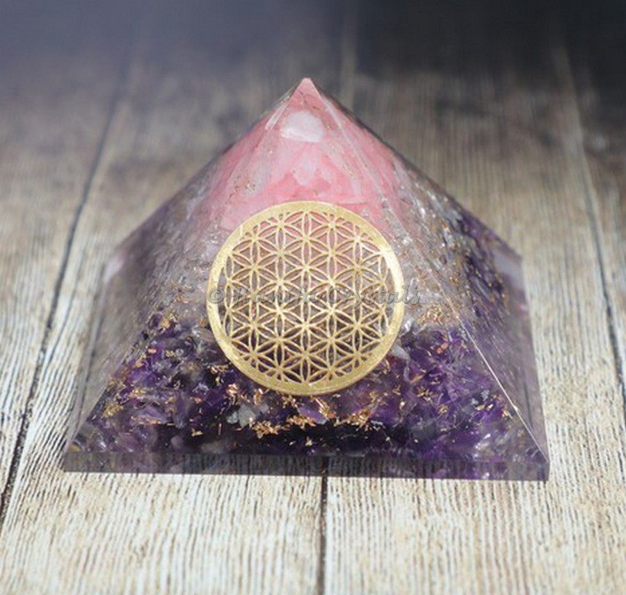 Amethyst Crystal Rose Quartz With Flower of Life Orgonite Pyramid