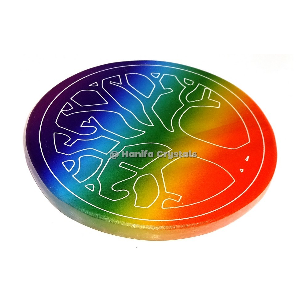 Selenite Rainbow Healing Crystals Tree Of Life Engraved Coaster