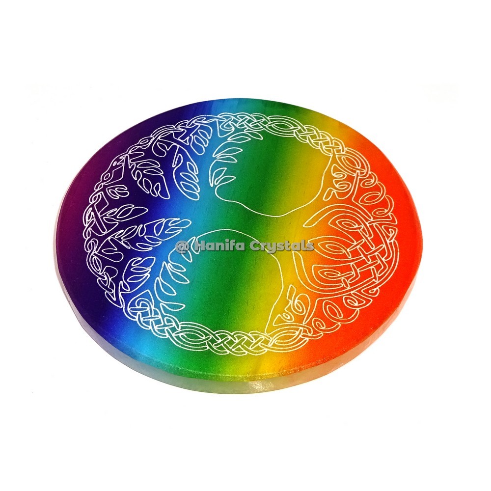 Celtic Tree Of Life Engraved on Selenite Rainbow Coaster
