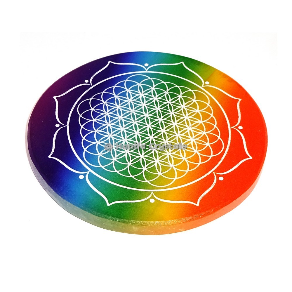 Yantra With Flower of life Engraved on Rainbow Selenite Charging Cercle