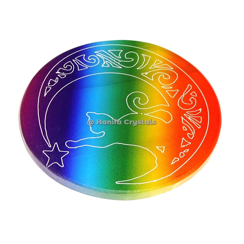 Crescent Moon With Star Engraved on Rainbow Selenite Charging Plate