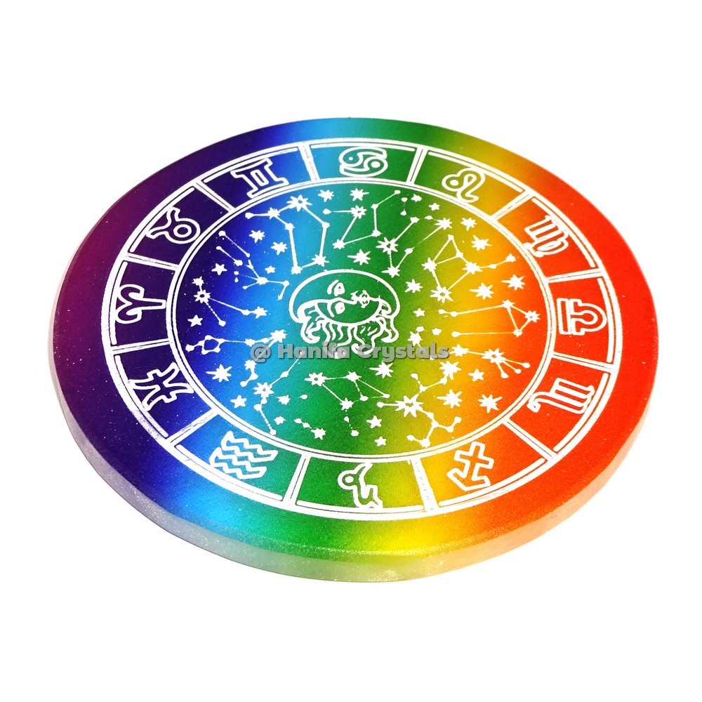 Zodiac Symbol With Star Engraved On Rainbow Selenite Charging Plate