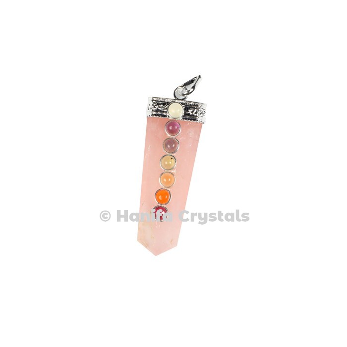 Rose Quartz with Seven Chakra Stones & Silver Cap Pencil Pendant