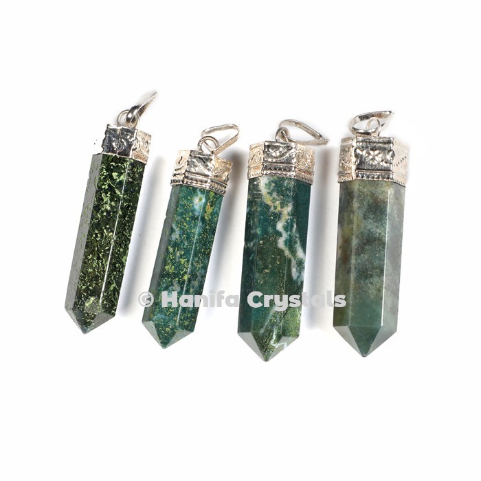 Moss Agate with Silver Cap Pencil Pendant