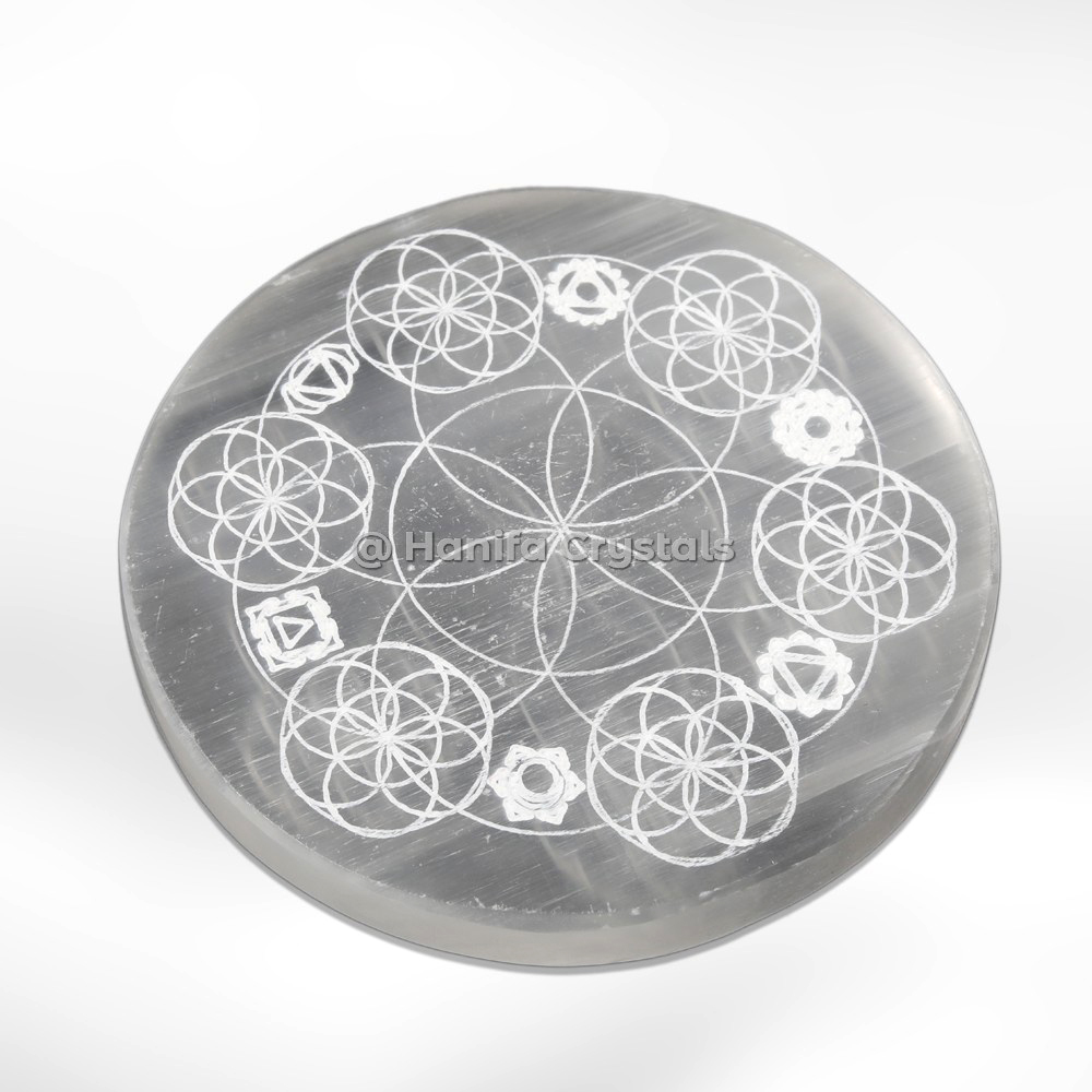 Flower of life with 7 Chakra Engraved Selenite Charging Cercle