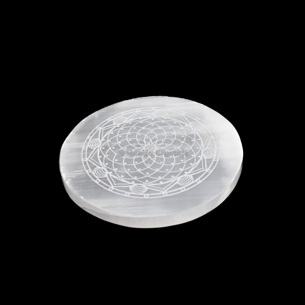Accent Flower Of Life Engraved Selenite Charging Disc