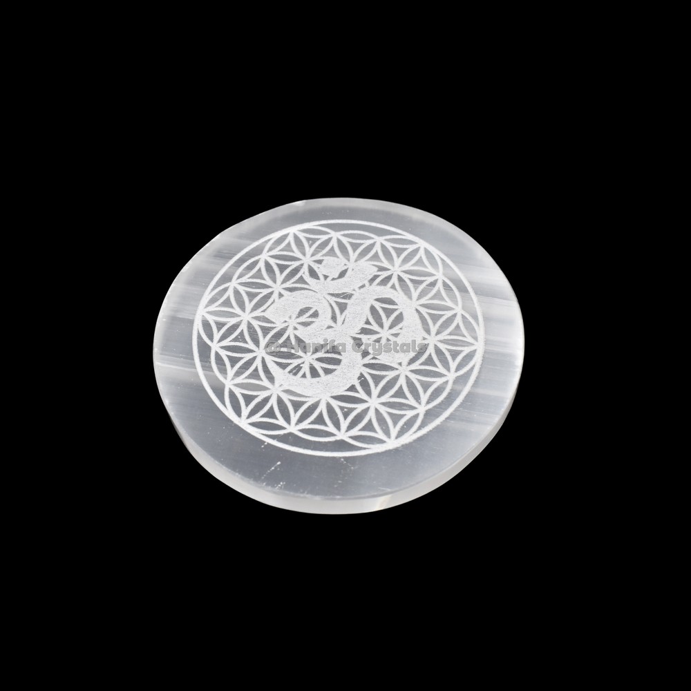 Om Symbol With Flower Engraved Selenite Charging Plate