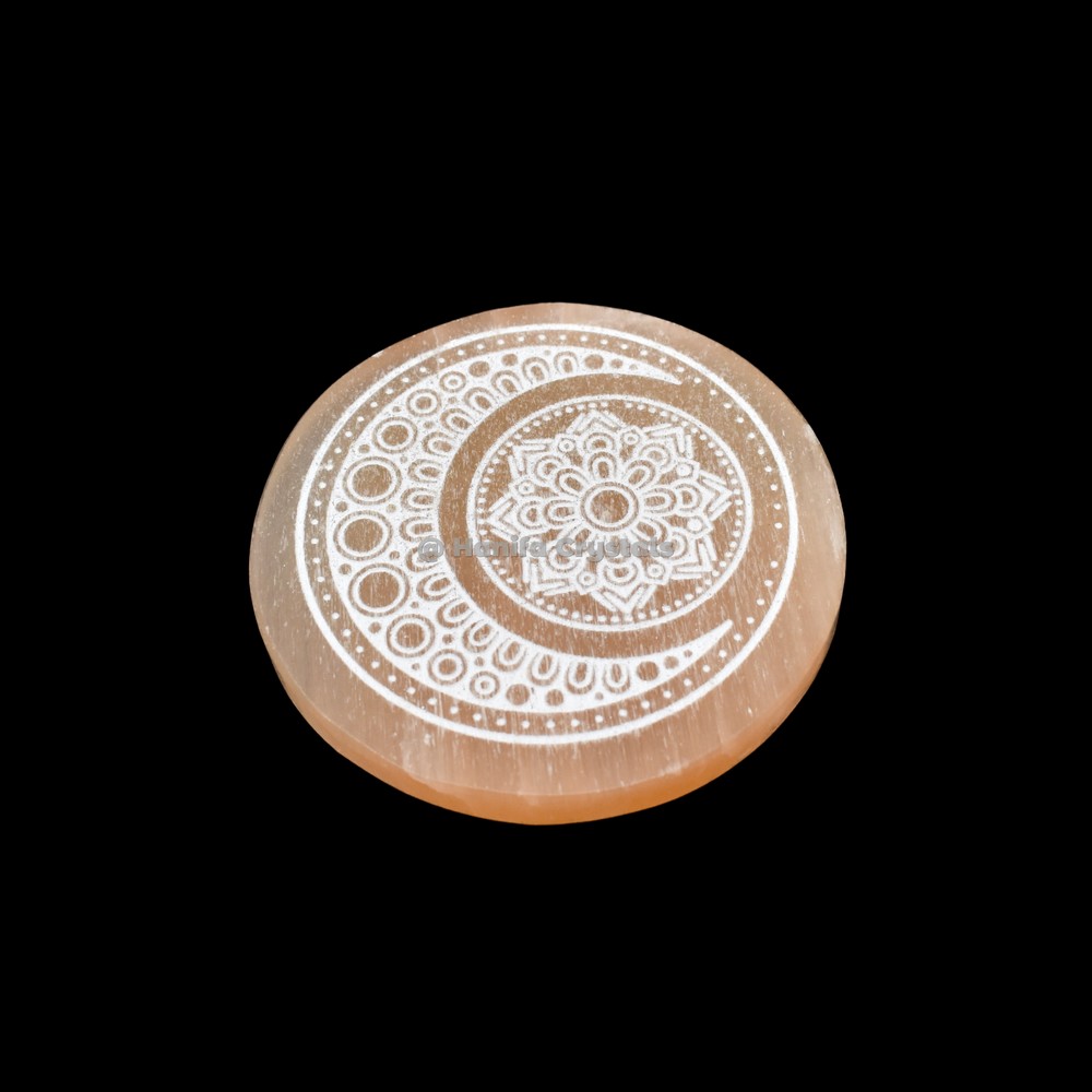 Orange Selenite Disc With Moon Fairy Design Charging Plate