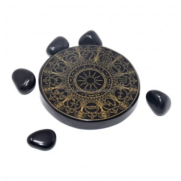 Zodiac Symbols Engraved Black Agate Coaster