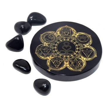 Sanskrit Chakra Engraved Black Agate Coaster