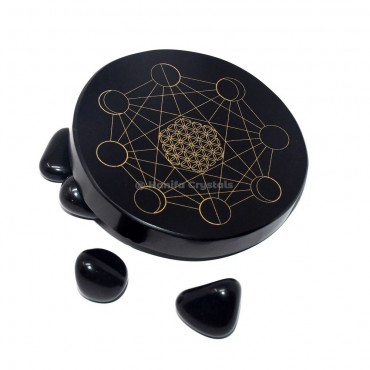 Moon Phase with flower of life Engraved Black Agate Coaster