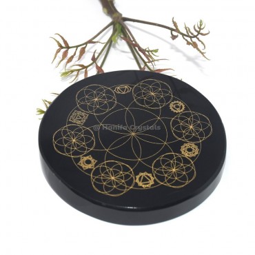 Seed Of Life With Chakra Engraved Black Agate Coaster