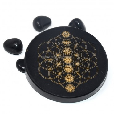 Chakra With Seed of Life Engraved Black Agate Coaster