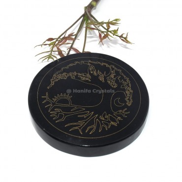 Tree of Life With Moon Engraved Black Agate Coaster
