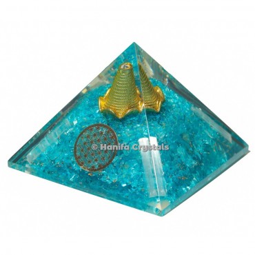 Aquamarine With Selenite Orgonite Emf Protection Pyramid With Flower Of Life