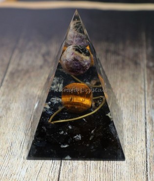 Black Tourmaline with Tiger eye and amethyst sphere Pyramid