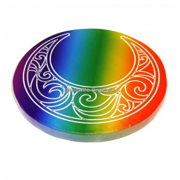 Moon Engraved Rainbow Selenite Chakra Coaster