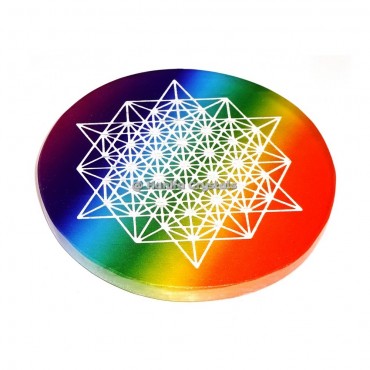 Yantra Metatron Engraved On Rainbow Selenite Chakra Coaster