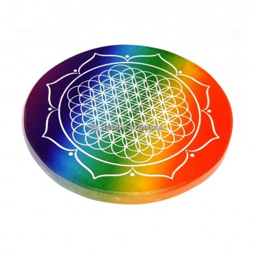Yantra With Flower of life Engraved on Rainbow Selenite Charging Cercle