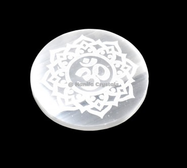 Om Symbol Etched Selenite Charing Disc