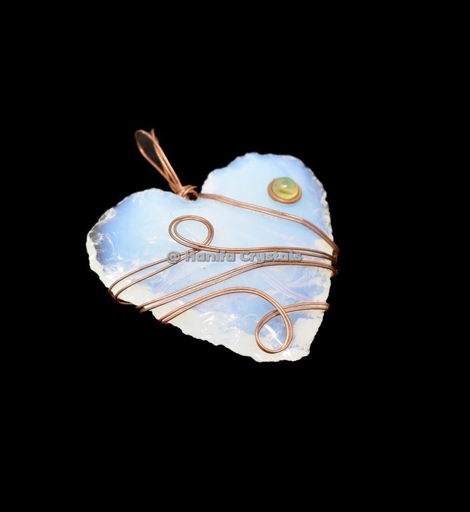 Opalite Hand Made Hearts With Citrine Stone Wire Wrap Pendant