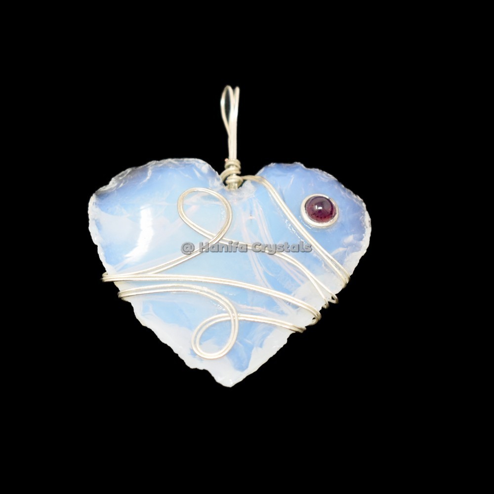 Opalite Hand Made Hearts With Garnet Wire Wrap Healing Pendant