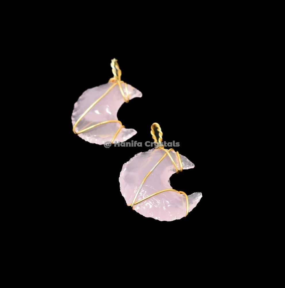 Pink Opalite Moon Gold Wire Wrap Pendant