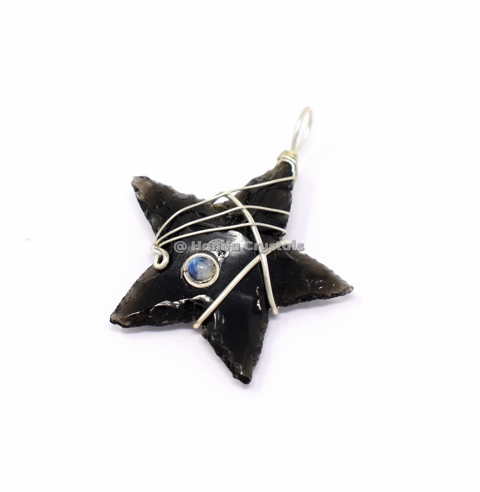 Black Obsidian Star with Rainbow Moonstone Wire Wrap Pendant