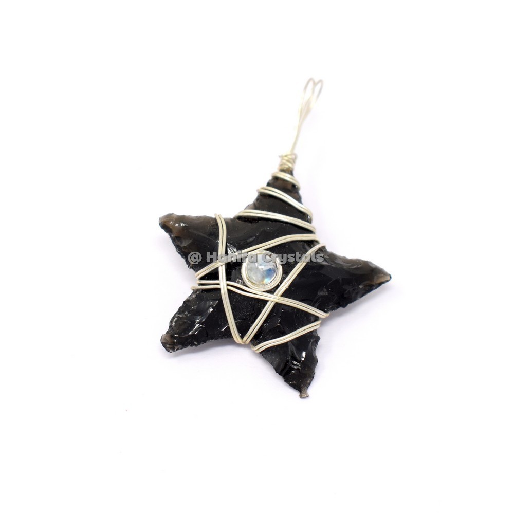 Black Obsidian Star With Moonstone Wire Pendant