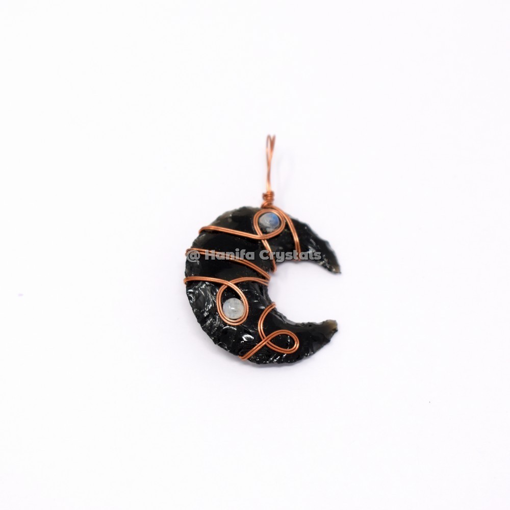 Copper Black Obsidian Moon Wire Wrap Pendant