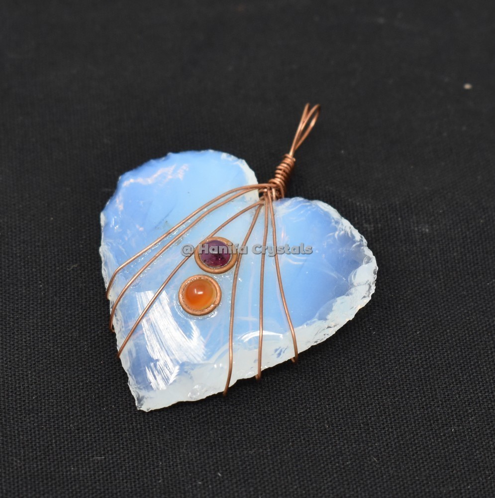 Opalite Heart Wire wrapped With Garnet And Carnelian Pendant
